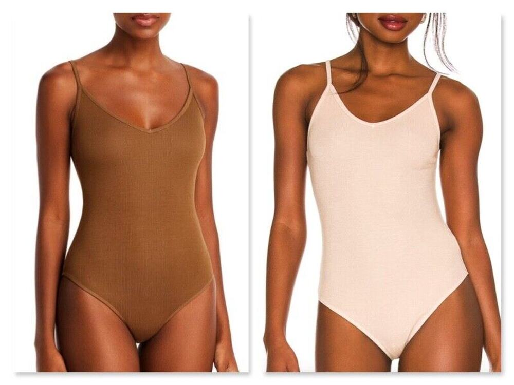 AGOLDE Women's Rib Tank Bodysuit V Neck Sleeveless Toffee / Nude S M L NWT USA